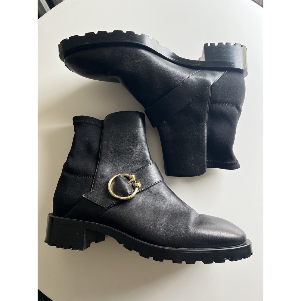 STUART WEITZMAN Luxering Leather Neoprene Ankle Boot Black Lug Sole Gold Bit 7.5